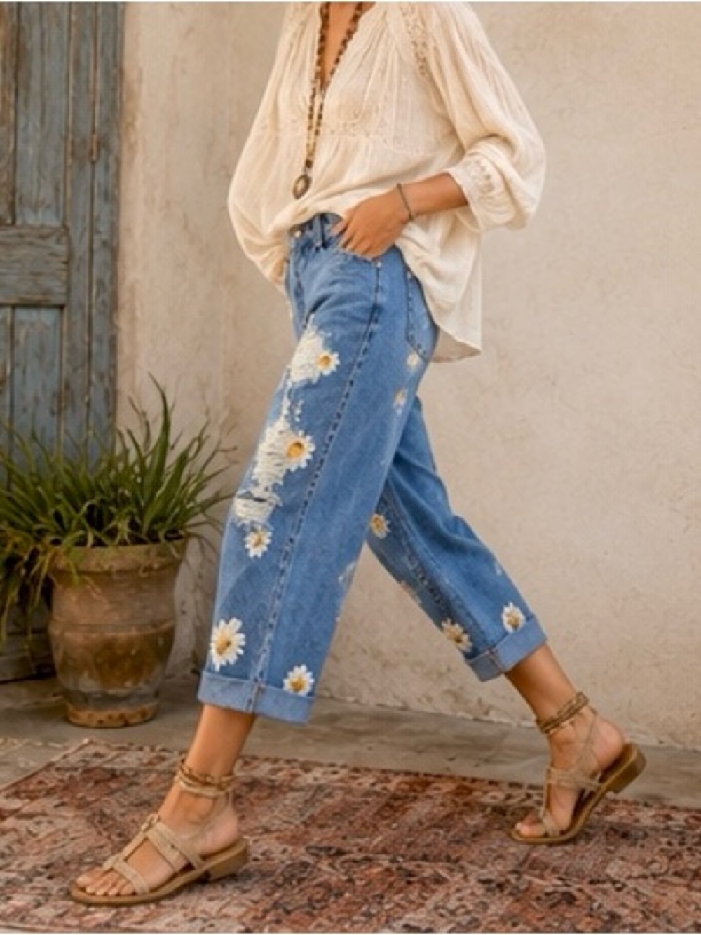 Vintage Clio Denim Distressed Hand Painted Crop Jeans Size 25 - Picture 6 of 11